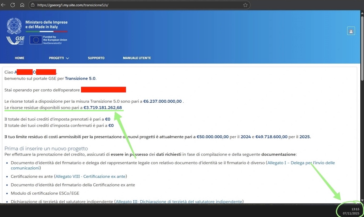 Uno screenshot del portale GSE eseguito il 7 novembre prima della chiusura definitiva del Piano 5.0